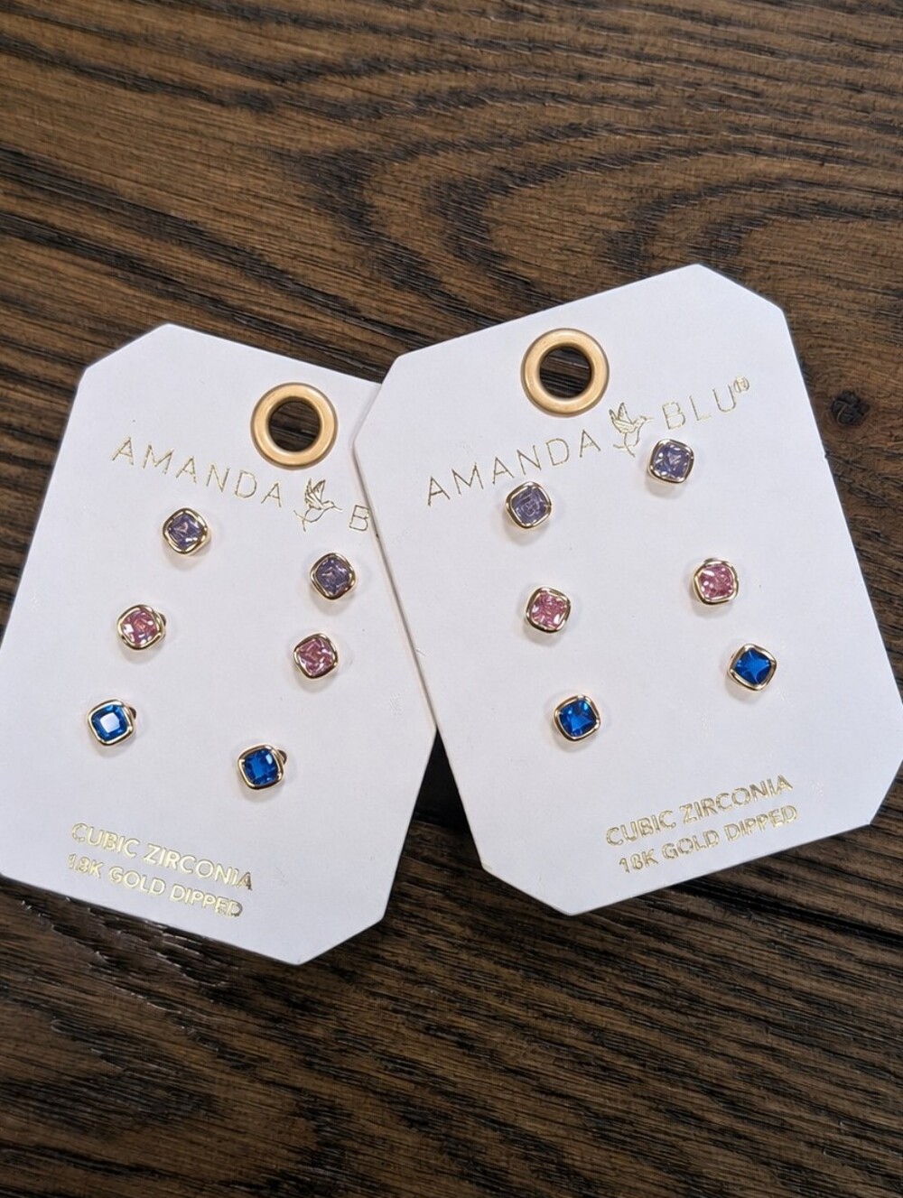 Amanda Blu 3-Pair CZ Stud Earring Set - Purple, Pink & Blue
